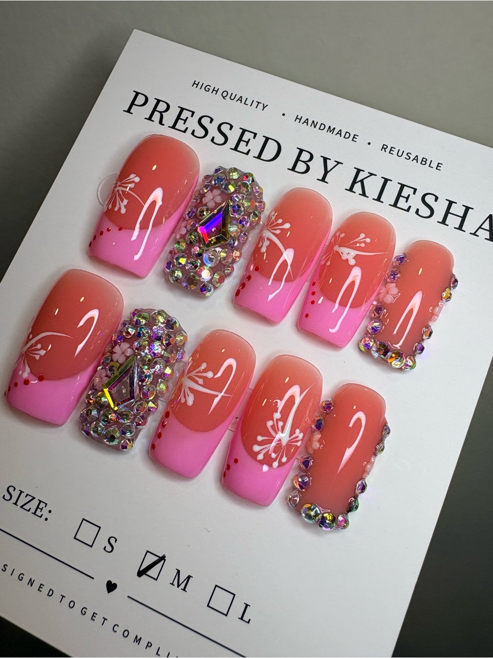Pink Ombre Floral Press-On Nails with Rhinestones